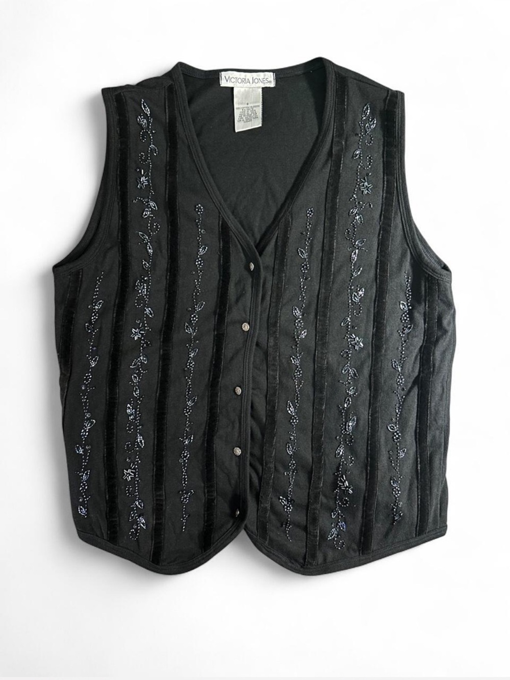 Vintage Victoria Jones Black Embellished Velvet Beaded Button Front Vest S